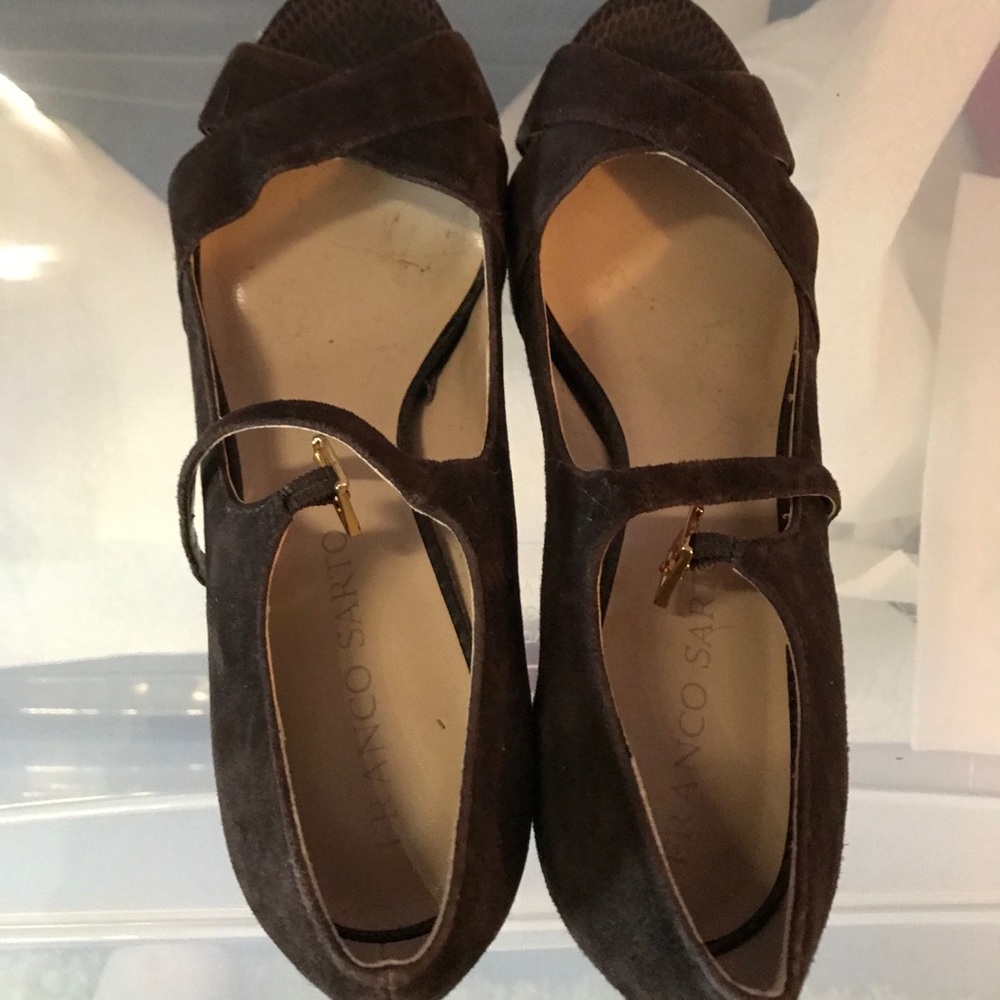 Franco Sarto Dark Brown Suede Peep-Toe Mary Jane Heels